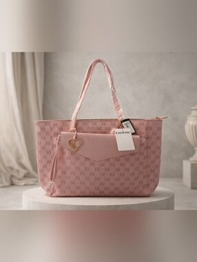 Bebe | Tanya Pink Monogram Tote + Pouch & Heart Charm | Large Chic Work Bag